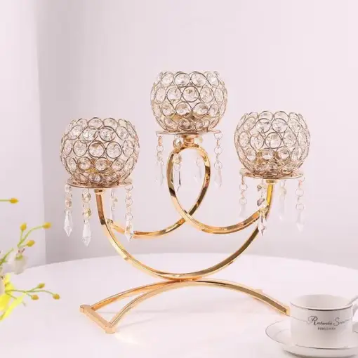 crystals Table candle holder metal body gold color - Image 1